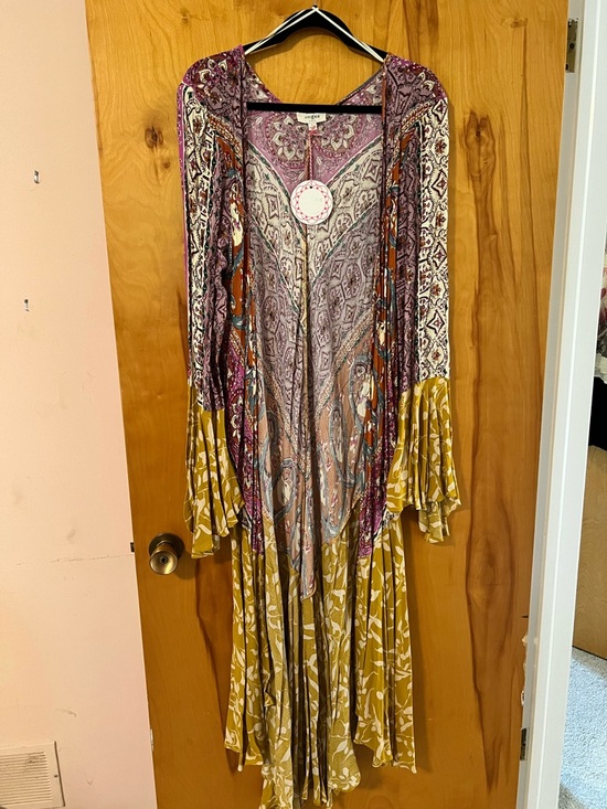 Umgee Accessories - Umgee Mixed-Print Long Sleeve Maxi Duster Kimono in Purple and Mustard